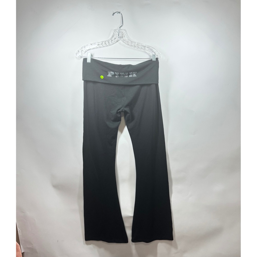 Victoria's Secret PINK Black Rhinestone Foldover Flare Yoga Pants Bootcut Size M - Picture 6 of 10